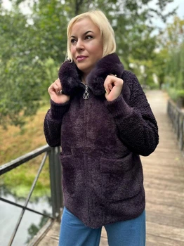 Куртка жіноча осіння з вовни "Альпака" з коміром 44-48 фіолетова