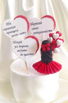 Декор на торт сахарный набор Девочка с сердечками Красная