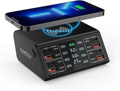 Зарядное устройство 9-in-1 ASOMETECH 838W беспроводное для iPhone Qi 15W Fast Charger ЖК-дисплей 100WPD 27W QС 18W Black