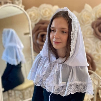 Жіночий палантин для відвідування храму, церкви, монастиря, обряду хрещення, вінчання мереживна шифонова хустка на голову Ніжність перлин 80*120 см Betis білий