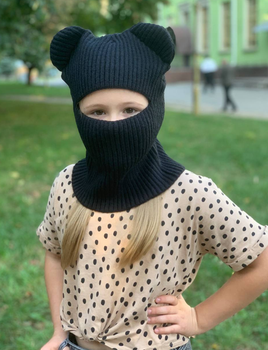 Теплая вязанная детская шапка балаклава с ушками с закрытым горлом мягкая 3 в 1 Окружность головы 54см черный (AN)6071