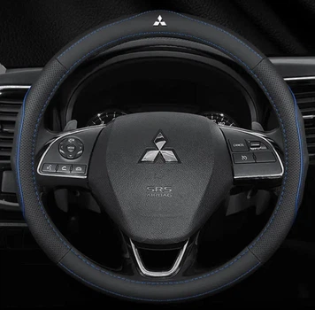 Чехол на руль DLCar оплетка для автомобиля Mitsubishi натуральная кожа черная с синей строчкой