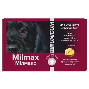 Антигельминтные таблетки Unicum Milmax для собак/щенков до 5 кг с мясным вкусом, Уникум Милмакс, 2 таб
