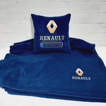 Плед та подушка автомобільні з вишивкою логотипа Renault Синій + Чохол для зберігання (0727)