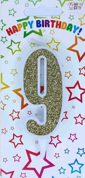Свічка цифра на торт "9" біла із золотом