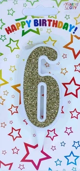 Свічка цифра на торт "6" біла із золотом