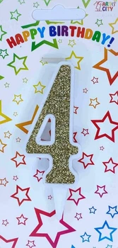 Свеча цифра на торт "4" белая с золотом