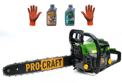 Бензопила Procraft GS450 в комплекте с маслом для цепи, маслом 2Т и рабочими перчатками