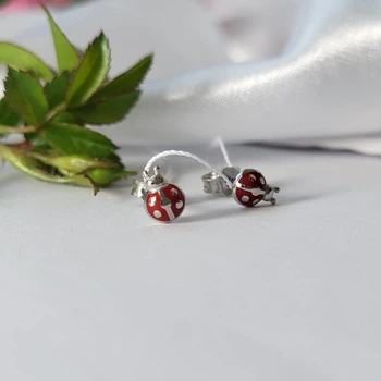 Серебряные детские серьги (пара)Сережки гвоздики на фиксаторах Божья Коровка с красной эмалью серебро 925 1127