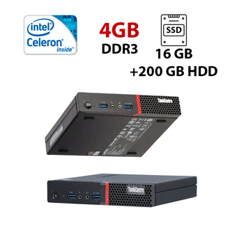 Неттоп Lenovo ThinkCentre M600 USFF / Intel Celeron N3010 (2 ядра по 1.04 - 2.24GHz) / 4 GB DDR3 / 16 GB SSD M.2 + 200 GB HDD / Intel HD Graphics / DisplayPort / Блок питания в комплекте б/у