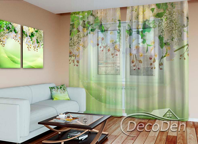 3D - Фото Тюль PHOTODECOR "Ламбрекени з орхідей на салатовому тлі"