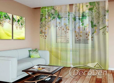 3D - Фото Тюль PHOTODECOR "Ламбрекени з орхідей на жовтому фоні"