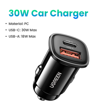 Автомобільний зарядний пристрій Ugreen 30w USB-C USB-A PD 3.0 QC 3.0 AFC FCP Black (CD332)