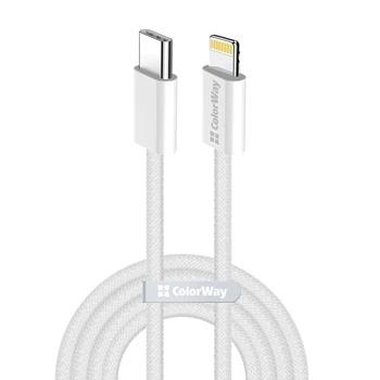 Кабель ColorWay USB Type-C - Lightning (M/M), (braided cotton) (PD Fast Charging 27W), 2 м, Gray (CW-CBPDCL068-GR)