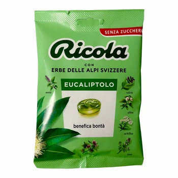 Цукерки льодяники Ricola евкаліпт без цукру eucaliptolo з альпійськими травами швейцарські пастилки 70г