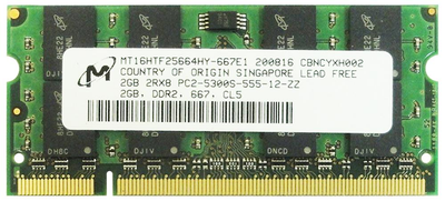 Оперативная память 2 ГБ, DDR2, для ноутбуков, Micron (667 МГц, 1.8 В, CL6, MT16HTF25664HY-667E1) Б/У