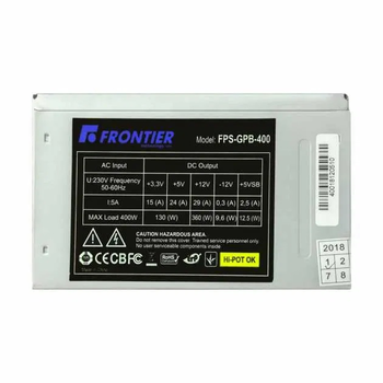 Блок живлення 400 Вт FRONTIER, 24+4 pin, живлення відеокарти - Ні, 80 мм, ATX, FPS-GPB-400 Б/В