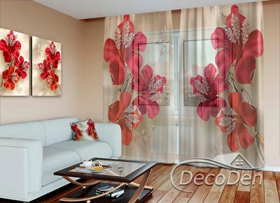 3D - Фото Тюль PHOTODECOR "3D Цветы со стразами и бабочки"