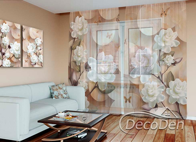 3D - Фото Тюль PHOTODECOR "Метелики з 3D Квітами"