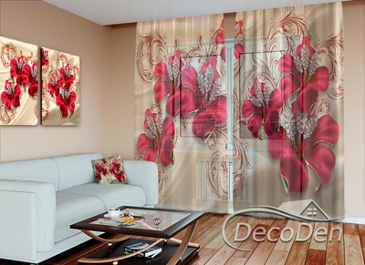 3D - Фото Тюль PHOTODECOR "3D Квіти зі стразами та віньєтки"