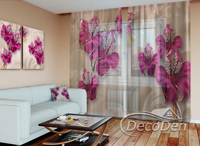 3D - Фото Тюль PHOTODECOR "3D Фіолетові квіти зі стразами"