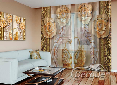 3D - Фото Тюль PHOTODECOR "Золоті лебеді та троянди"