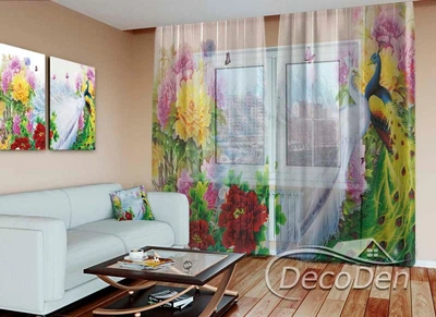 3D - Фото Тюль PHOTODECOR "Павичі у квітах"