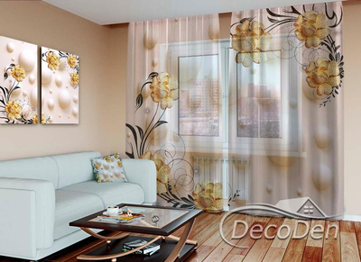 3D - Фото Тюль PHOTODECOR "Золоті троянди та кулі"