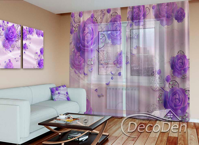 3D - Фото Тюль PHOTODECOR "Фіолетові троянди та стрази"