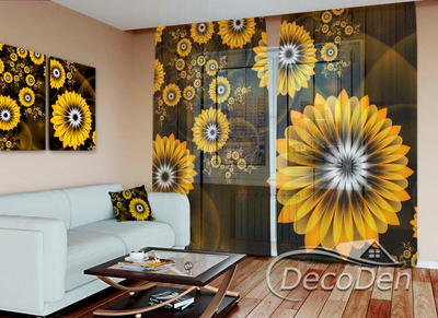 3D - Фото Тюль PHOTODECOR "Жовті квіти на коричневий фон"