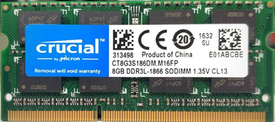 Оперативна пам'ять для ноутбука Crucial DDR3 8GB PC3L-14900S 1.35 V 1866MHz SODIMM Б/В