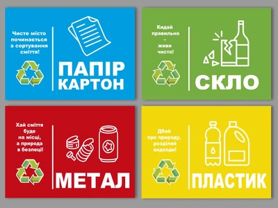 Наклейки 4 штуки горизонтальные на мусорные баки, маркировка отходов, раздельный сбор мусора, контейнер для мусора А4 ENTERSTORE (art. garbage2404)