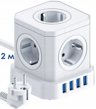 Універсальний настільний мережевий подовжувач 2 метри MADORU на 5 розеток 16А та USB для заряджання, білий