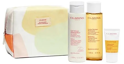 Zestaw kosmetyków do pielęgnacji Clarins Velvet Mleczko oczyszczające 200 ml + Balsam nawilżający 200 ml + Scrub do ciała Comfort 15 ml + Torebka kosmetyczna (3666057143465)