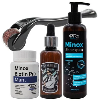 Набор для роста волос и бороды Minox Extra Strong (Шампунь 200 мл, Лосьон 50 мл, Витамины 100 таб, Мезороллер)