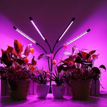 Фитолампа для растений на 4 ветки светодиодная LED с таймером USB 20Вт, настольная лампа для роста и цветения, комнатных и тепличных растений с клипсой-зажимом и USB питанием, красный, фиолетовый и синий свет Черная TRF84