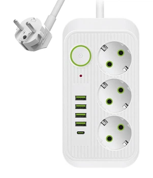 Мережевий фільтр F09U на 3 розетки + 4 USB + Type C 2500Вт кабель на 2м White