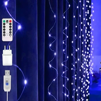 Гирлянда штора "Роса", 1,8x1,2м, 144 LED, от USB и сети 220В, 8 режимов, 12 нитей, Синий