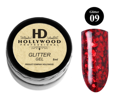 Гліттер для нігтів HD Hollywoood Glitter Gel 09 Яскраво-червоний 8 мл