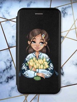 Чохол-книжка з малюнком для Xiaomi Redmi 7A Чорний; Дівчина з тюльпанами (патріотичний принт 22)