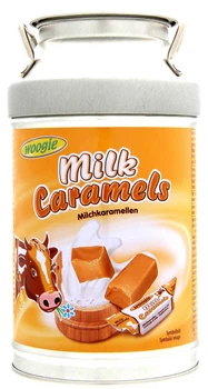 Цукерки Корівки Woogie Milk Milchcaramellen Caramels Вугі молочна Карамель у металевій скарбничці Бідончик 250г