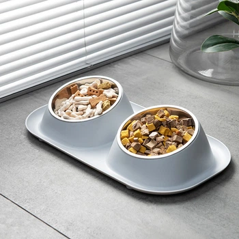 Миска стальная 2 шт для собак/ кота на пластиковой наклонной подставке Double Bowl GWL-28 серая (GS-149126)