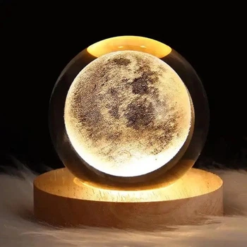 Нічник Луна кришталева куля 3D Земля Планета, декоративний LED світильник з дерев’яною підставкою, USB