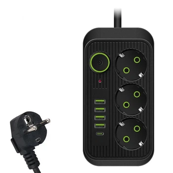 Сетевой фильтр F09U на 3 розетки + 4 USB + Type C 2500Вт кабель на 2м Black