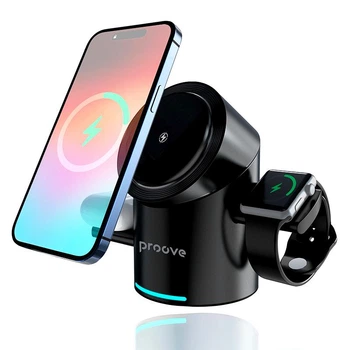 Подставка магнитный держатель с беспроводной зарядкой Proove Optimus 3в1| MagSafe, 15Вт| Док станция телефона, часов и наушников
