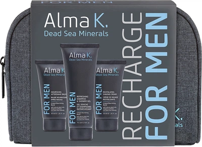 Набір дорожній Alma K Recharge For Men (шампунь-гелЬ для душу 75 мл + крем для гоління 40 мл + бальзам після гоління 40 мл) з косметичкою