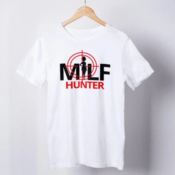 Мужская футболка повседневная с принтом "Milf hunter" белая однотонная хлопковая универсальная M