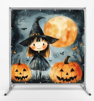 Баннер на Хэллоуин/Halloween "Маленькая девочка с тыквами" размер 2х2м. С люверсами.