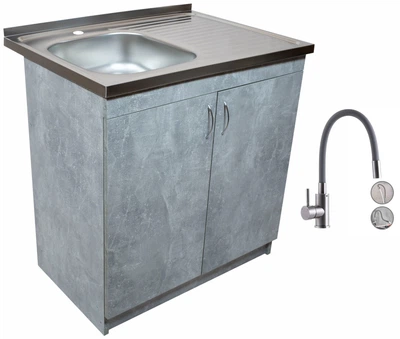 Мойка с тумбой AQUAMARIN BoxWood 800 Cement (Серый цемент)+Сифон+Гибкий смеситель