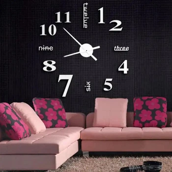 Настенные бескаркасные 3D часы Diy Seven "MEGA" с белыми стрелками большие с зеркальным эффектом самоклеящиеся 80-150 см Белый